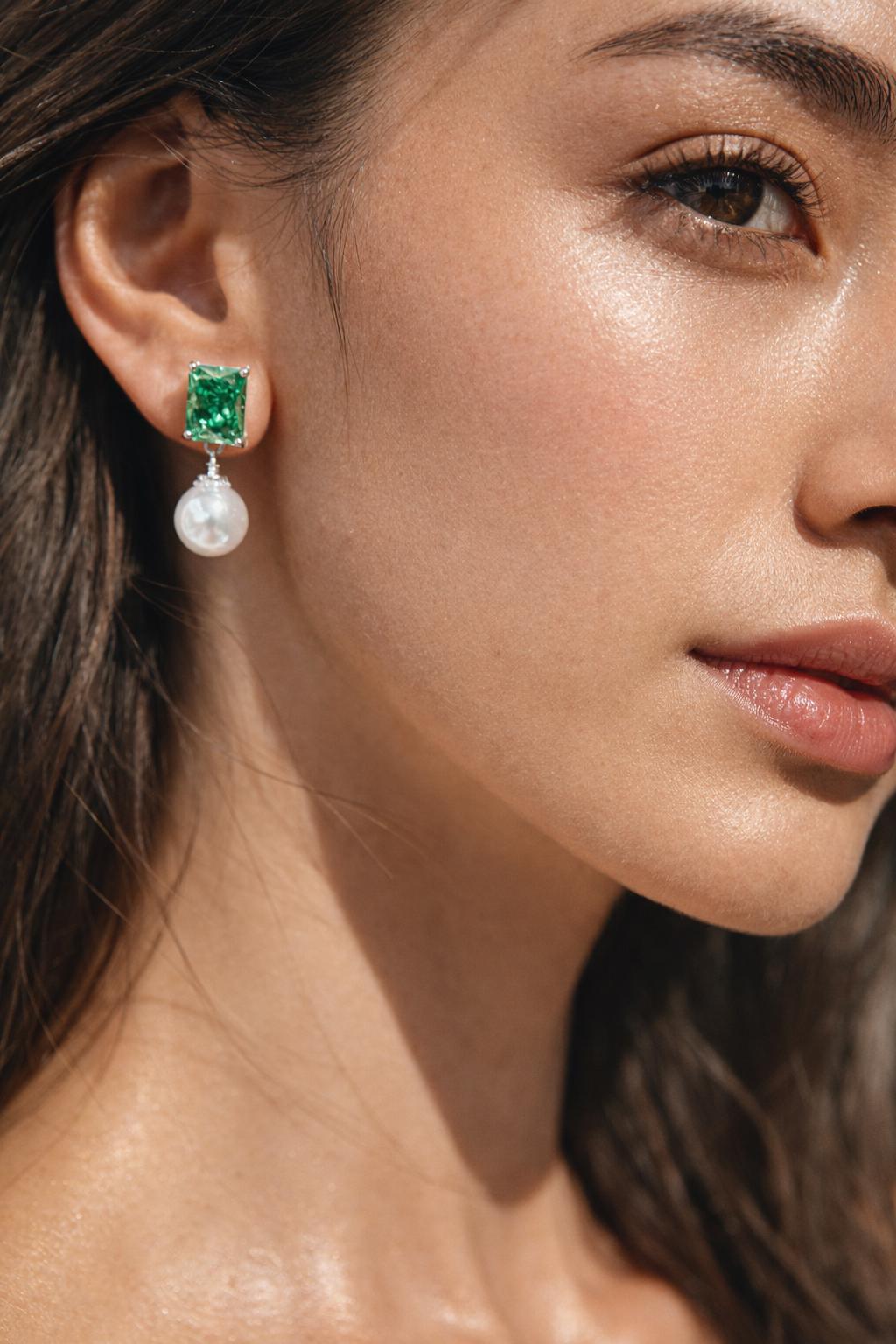 Vivid Green Diamond Earrings Statement Pearl Drop CZ Moissanite Light Green Stone Jewelry Wedding