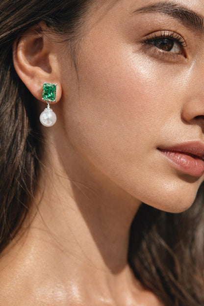 Vivid Green Diamond Earrings Statement Pearl Drop CZ Moissanite Light Green Stone Jewelry Wedding
