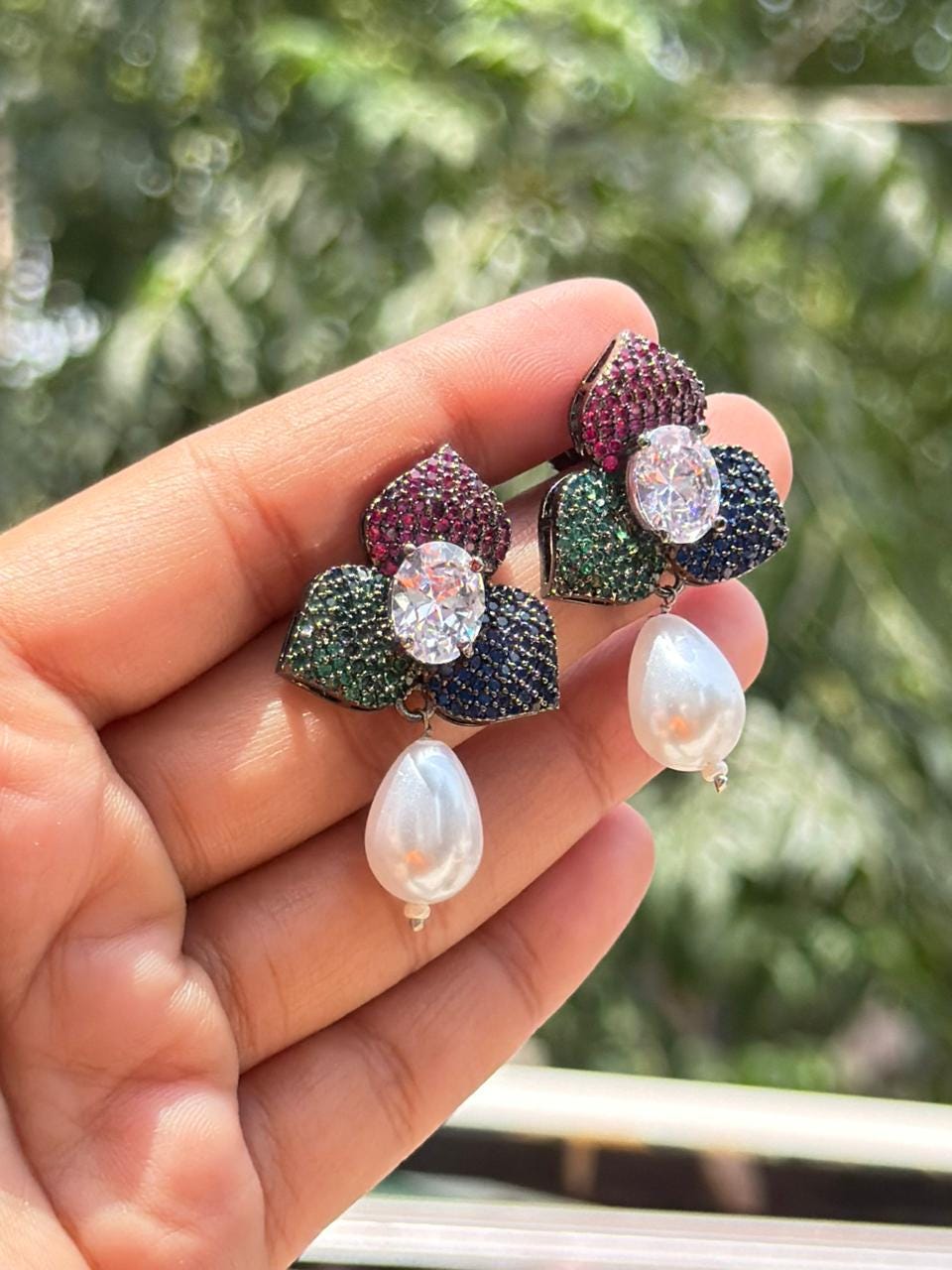 Pearl Drop Earrings Pave Setting Ruby Stone Sapphire Diamond Green Emerald Multicolor Wedding Jewelry