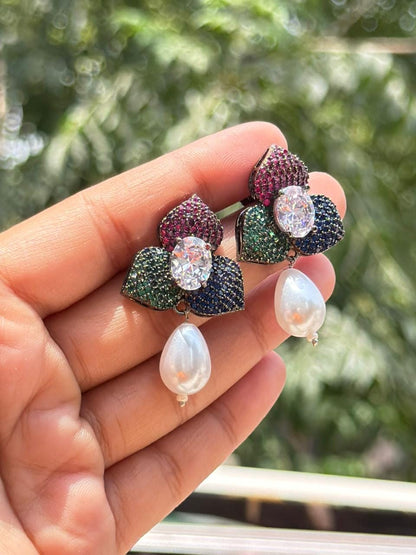 Pearl Drop Earrings Pave Setting Ruby Stone Sapphire Diamond Green Emerald Multicolor Wedding Jewelry