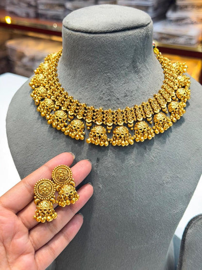 Indian Jewelry Gold Necklace Antique Gold Plated Bridal Choker South India Golden Temple Set