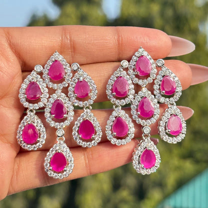Large Ruby Diamond Earrings Chandelier Statement Teardrop CZ Moissanite Pink Sapphire Cocktail Party Jewelry