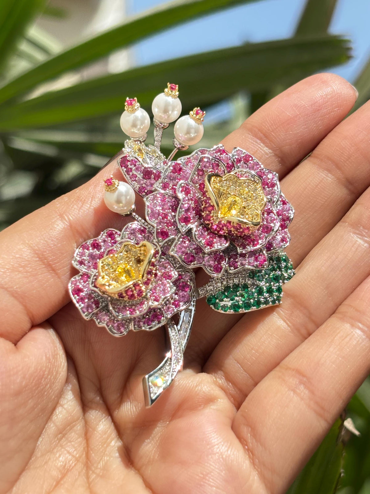Large Flower Brooch Ruby Statement Pink Sapphire Cubic Zirconia Designer Brooch Moissanite Diamond Jewelry