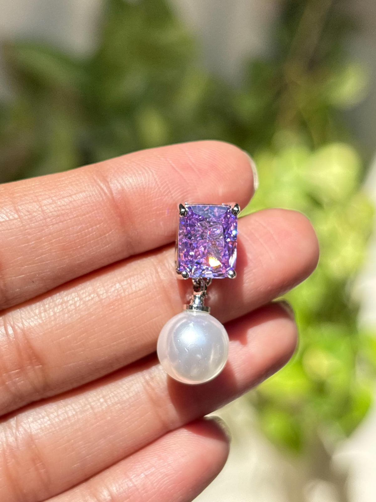 Purple Diamond Earrings Pearl Drop Statement Lavender Purple Sapphire Stone Jewelry Moissanite Designer Gift