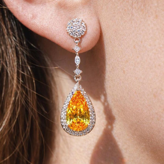 Yellow Diamond Earrings Statement Dangle Canary Stone Jewelry Gold Plated Yellow Sapphire CZ Moissanite