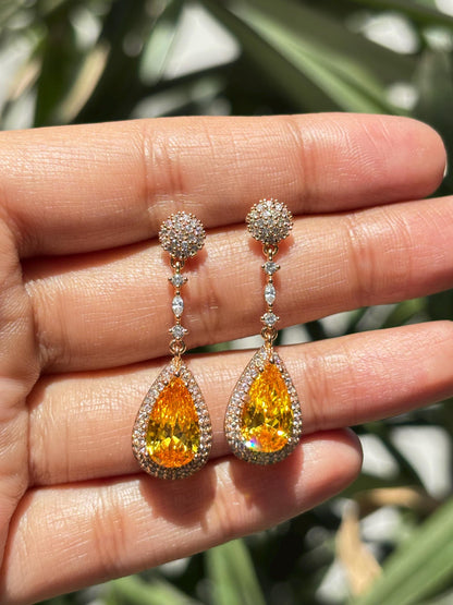Yellow Diamond Earrings Statement Dangle Canary Stone Jewelry Gold Plated Yellow Sapphire CZ Moissanite