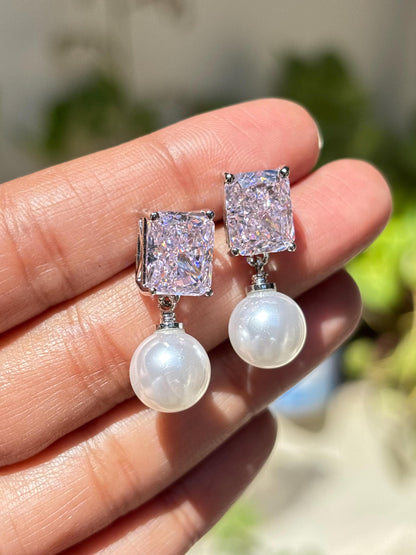 Pink Diamond Earrings Pearl Drop Statement Dangle Light Pink Sapphire Color Stone Jewelry Gift
