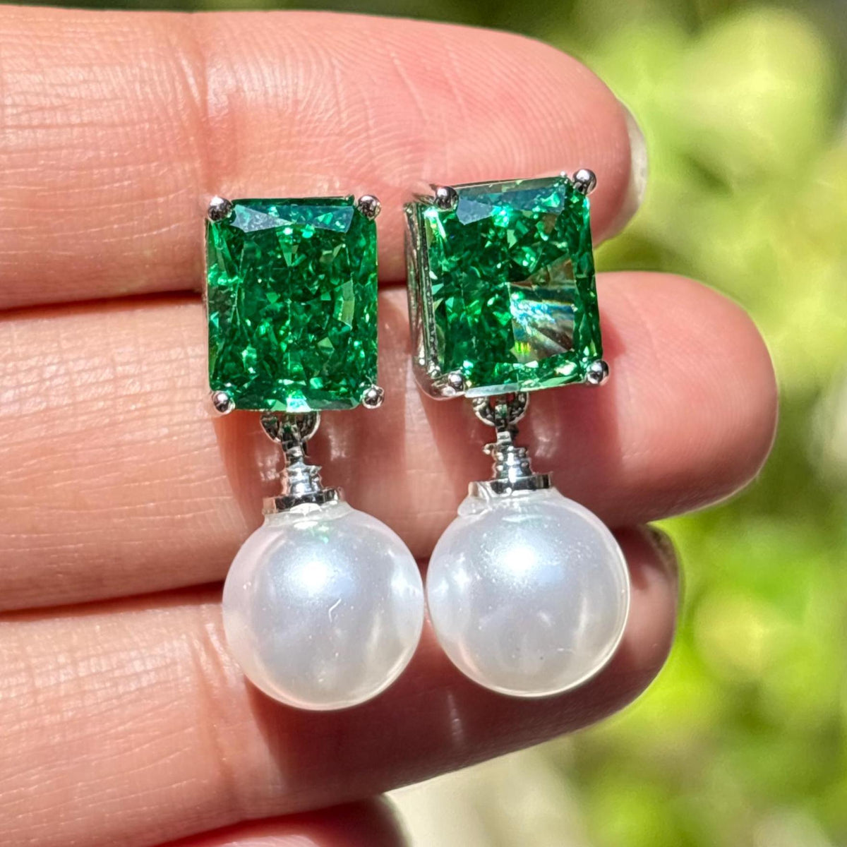 Vivid Green Diamond Earrings Statement Pearl Drop CZ Moissanite Light Green Stone Jewelry Wedding