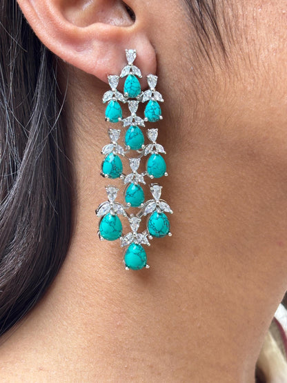 Large Turquoise Earrings Statement Big Chandelier Long Dangle Firoza Stone Moissanite Blue Gemstone Jewelry