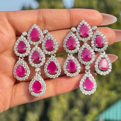 Large Ruby Diamond Earrings Chandelier Statement Teardrop CZ Moissanite Pink Sapphire Cocktail Party Jewelry