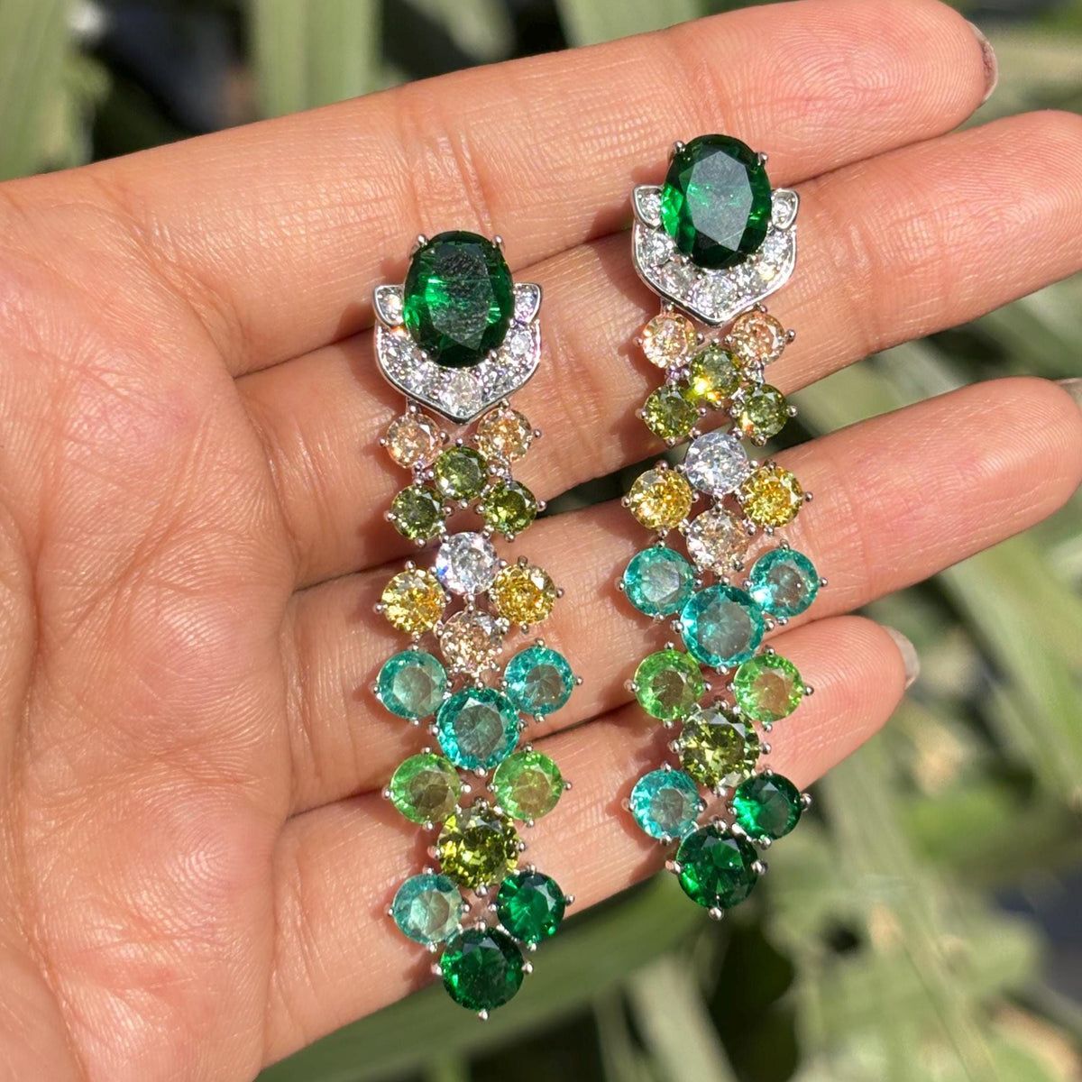 Emerald Diamond Earrings Teal Statement Long Dangle Chandelier Moissanite Multi Green Stone Jewelry Wedding