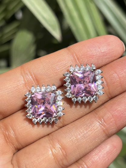 Pink Diamond Earrings Statement Small Studs Cubic Zirconia Moissanite CZ Pink Stone Jewelry Everyday