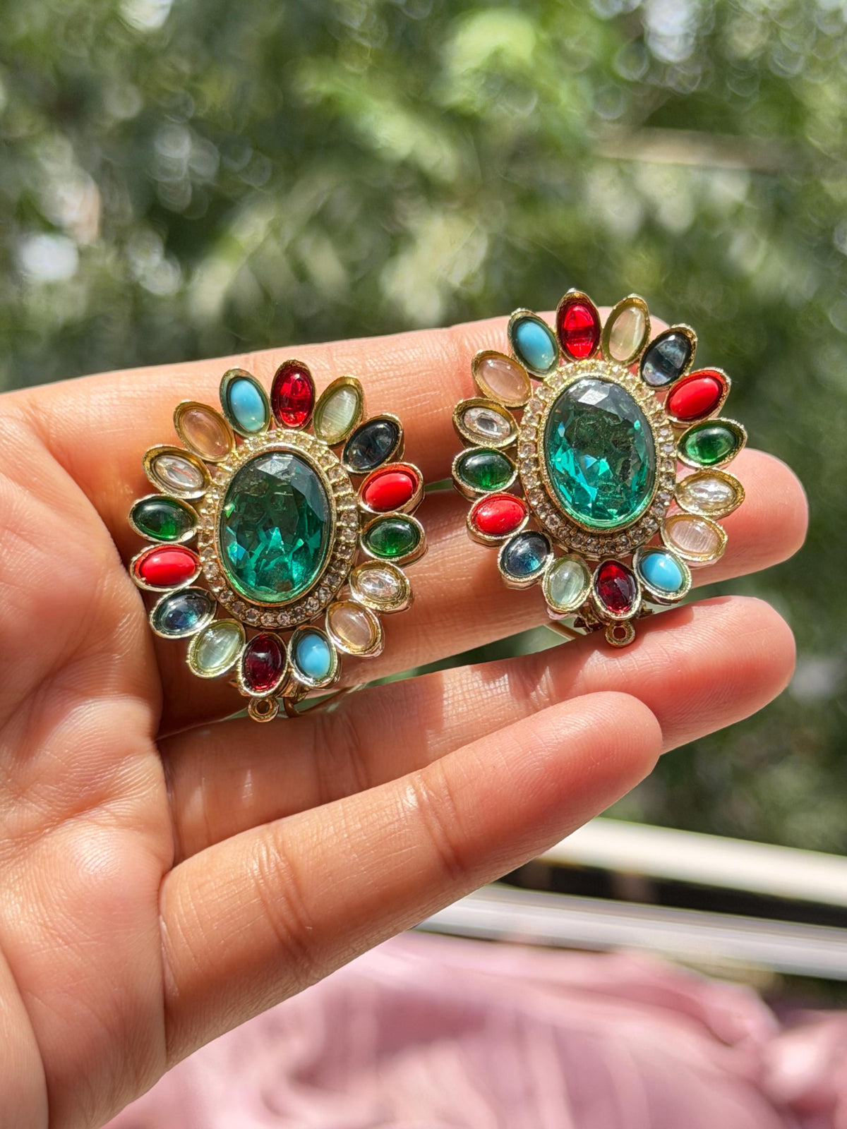 Large Studs Multicolor Earrings Statement Teal Sapphire Moissanite Mix Stone Oval Shape Designer Jewelry