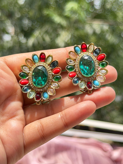 Large Studs Multicolor Earrings Statement Teal Sapphire Moissanite Mix Stone Oval Shape Designer Jewelry