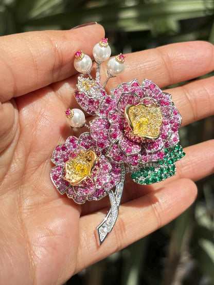 Large Flower Brooch Ruby Statement Pink Sapphire Cubic Zirconia Designer Brooch Moissanite Diamond Jewelry