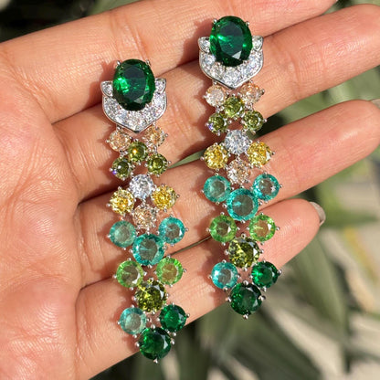 Emerald Diamond Earrings Teal Statement Long Dangle Chandelier Moissanite Multi Green Stone Jewelry Wedding