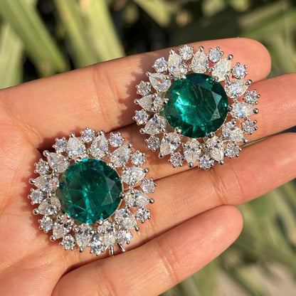 Teal Diamond Earrings Large Statement Studs Big Teal Green Stone Oversized Designer Jewelry Wedding