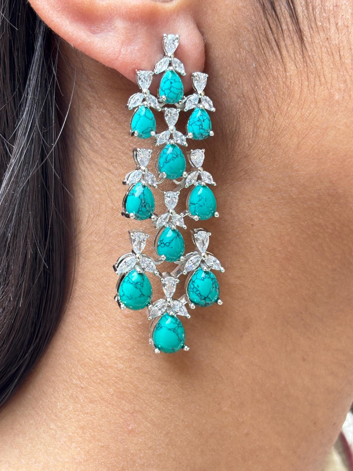 Large Turquoise Earrings Statement Big Chandelier Long Dangle Firoza Stone Moissanite Blue Gemstone Jewelry