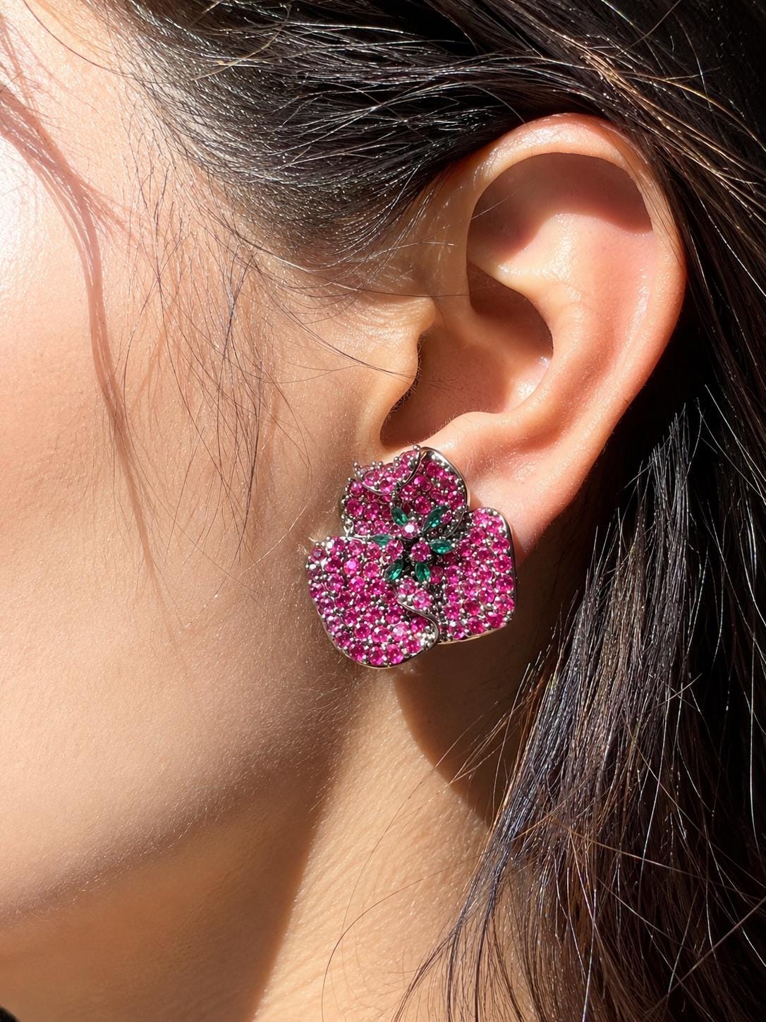 Pink Sapphire Earrings Statement Studs Large Ruby Diamond Green Emerald Moissanite Pave Setting Jewelry