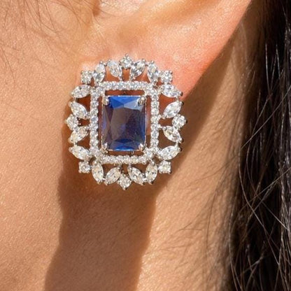 Sapphire Diamond Earrings Large Statement Studs Blue Stone CZ Cubic Zirconia Cocktail Jewelry Gift