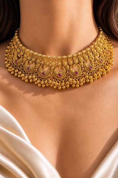 Indian Necklace Antique Gold Plated Bridal Choker South Indian Jewelry Temple Wedding Golden Set
