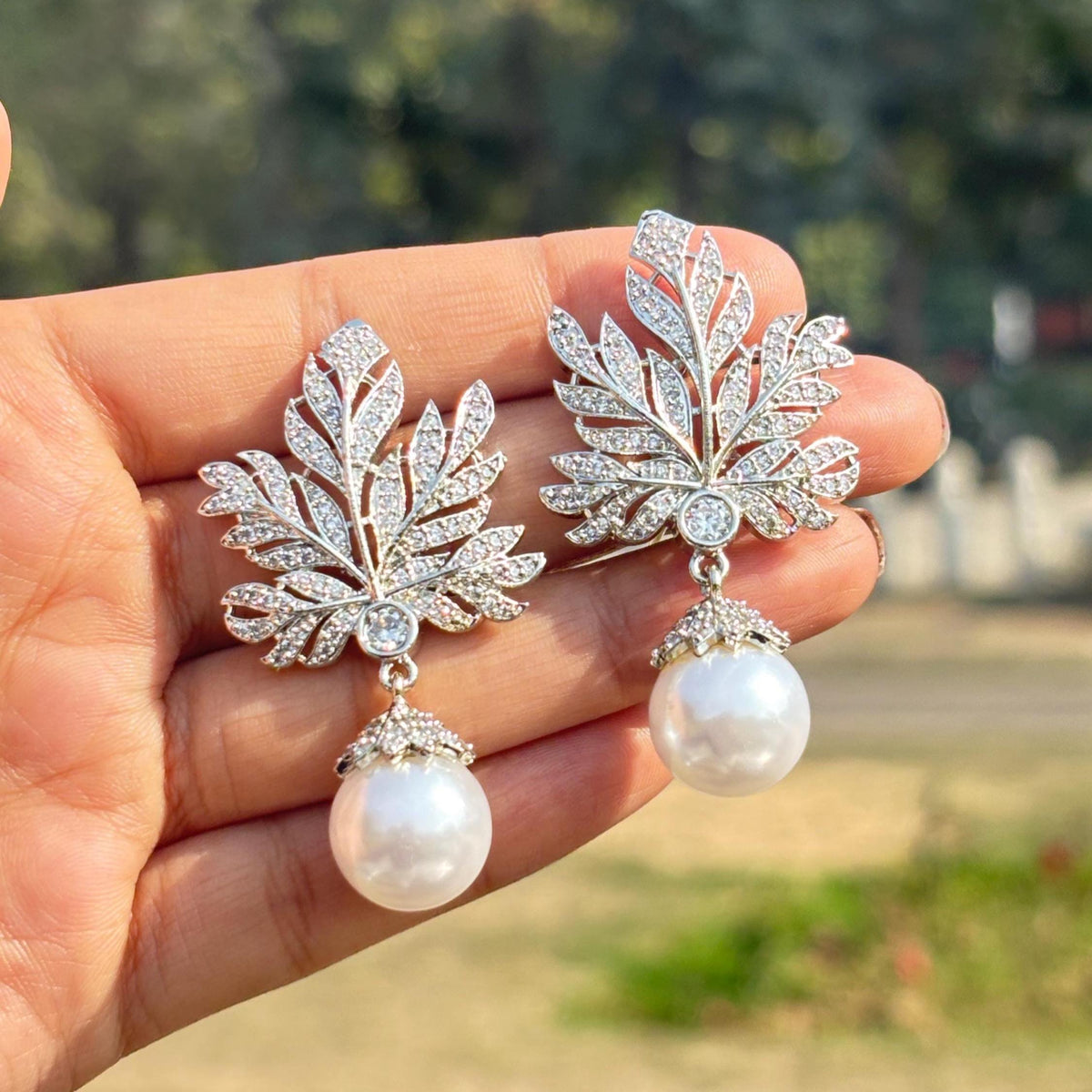 Large Diamond And Pearl Earrings Leaf Shape Statement Chandelier Pearl Drop CZ Moissanite Jewelry