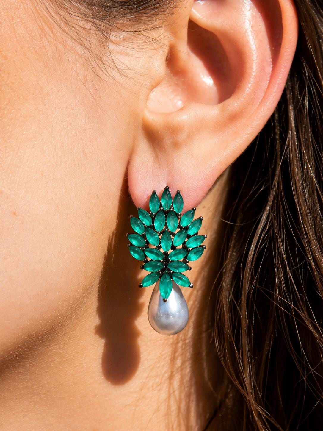 Emerald Diamond Earrings Pearl Drop Statement Green Stone Jewelry Cubic Zirconia Bride Wedding Gift