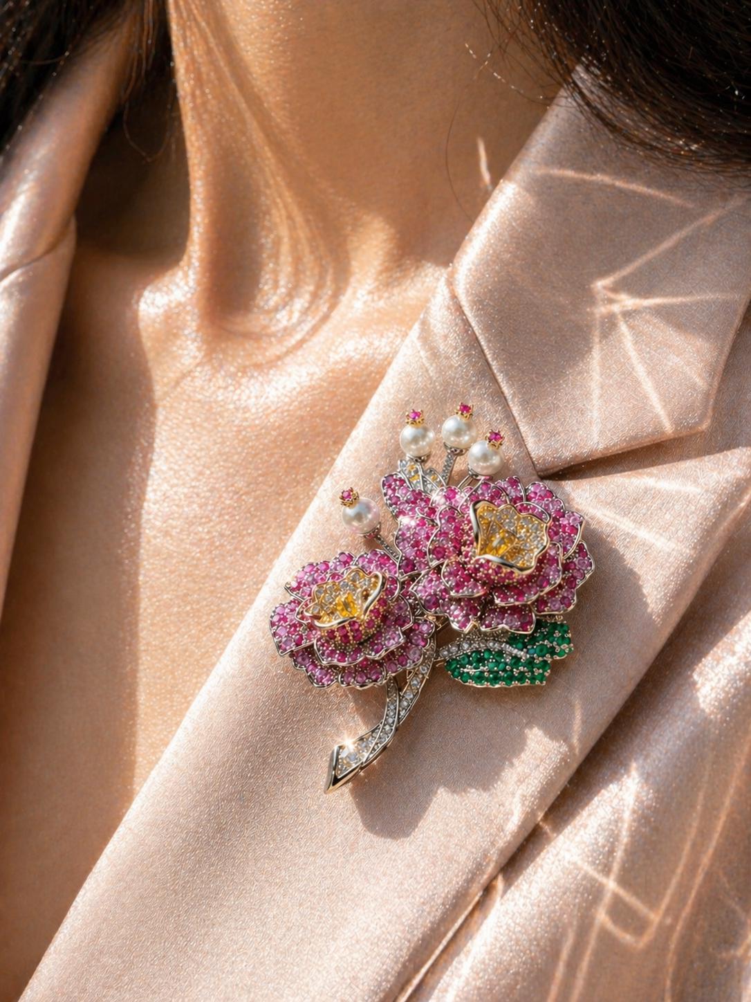 Large Flower Brooch Ruby Statement Pink Sapphire Cubic Zirconia Designer Brooch Moissanite Diamond Jewelry
