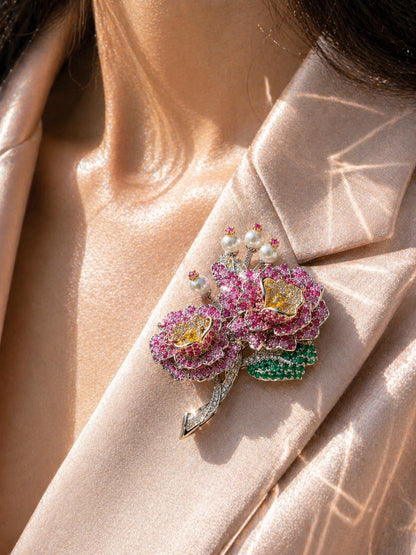 Large Flower Brooch Ruby Statement Pink Sapphire Cubic Zirconia Designer Brooch Moissanite Diamond Jewelry
