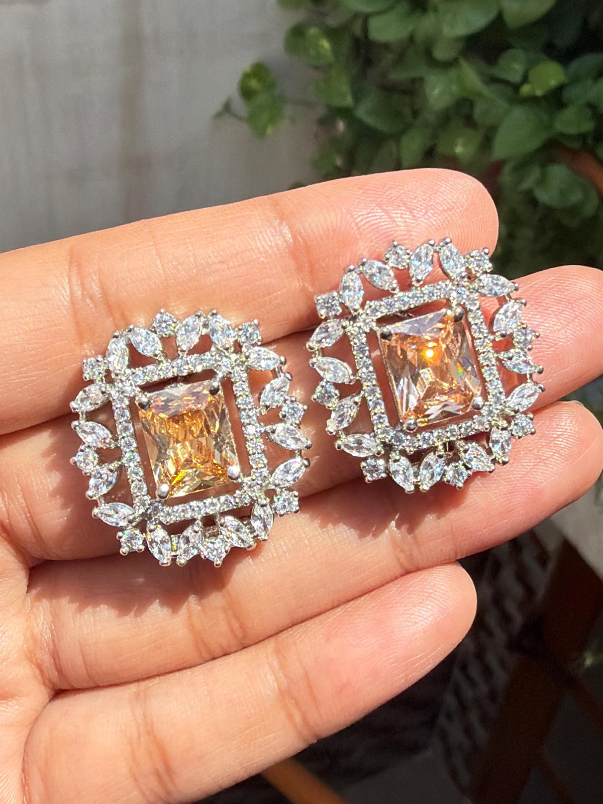 Champagne Diamond Earrings Large Statement Studs CZ Moissanite Champagne Stone Jewelry Cubic Zirconia Gift
