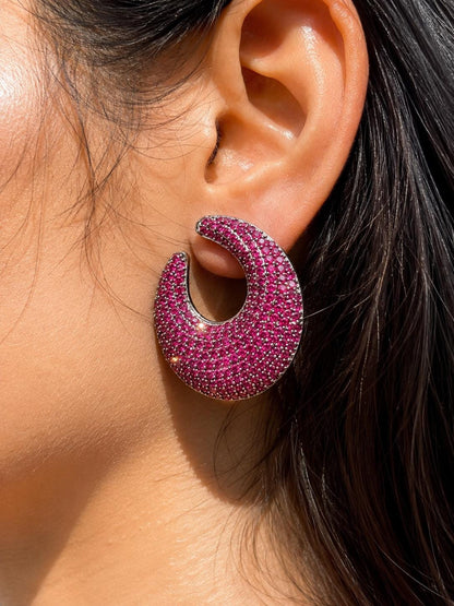 Ruby Diamond Earrings Large Statement Studs Pink Sapphire Pave Setting Designer Bride Wedding Jewelry