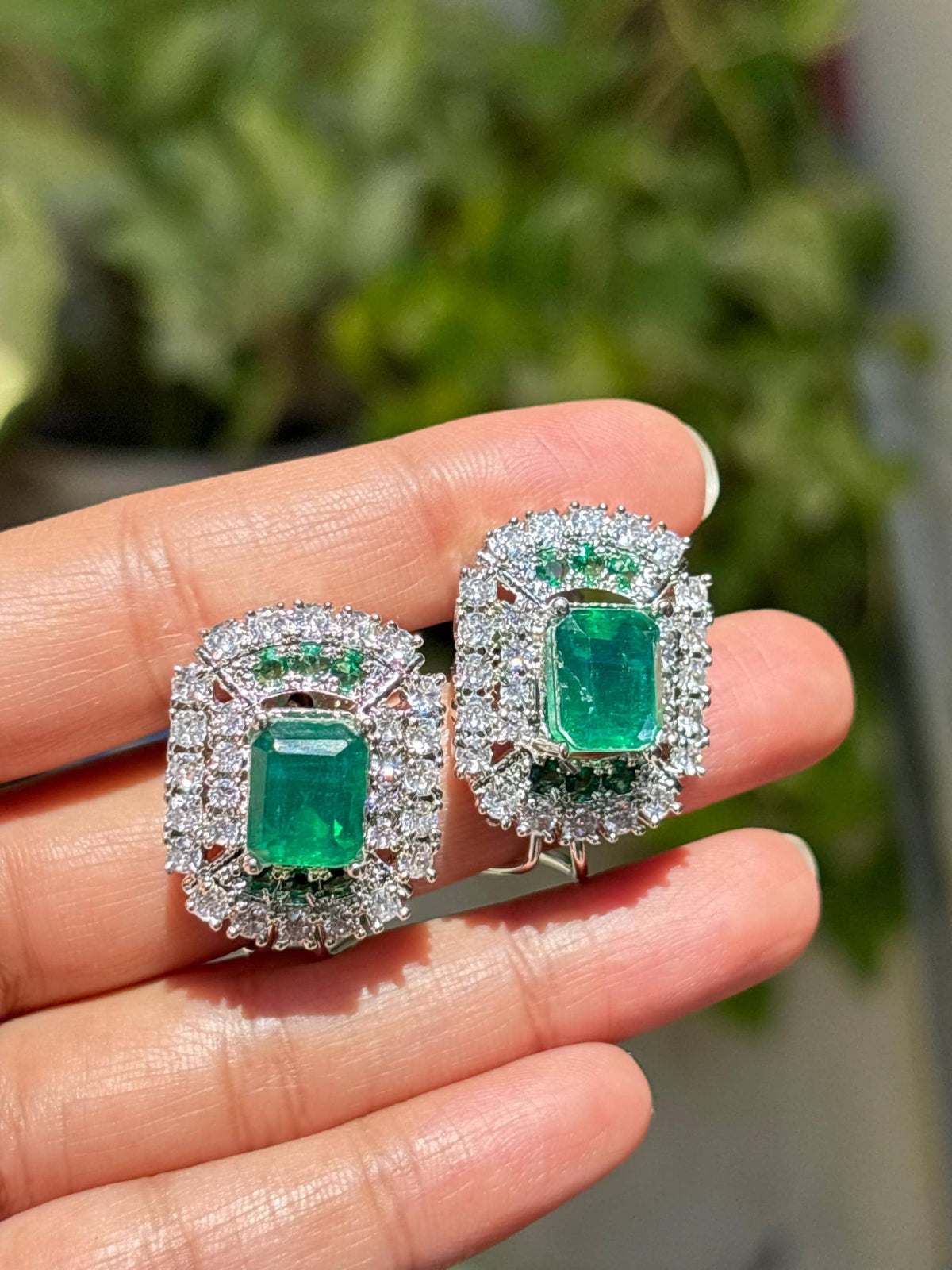 Large Emerald Doublet Earrings Statement Studs Moissanite Diamond Green Paraiba Tourmaline Cubic Zirconia Jewelry