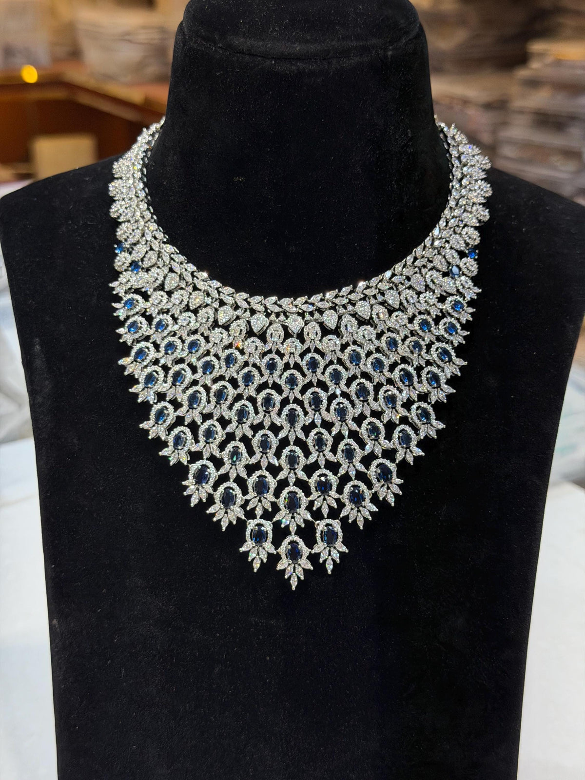 Sapphire Diamond Necklace Statement Indian Cubic Zirconia Blue Stone Jewelry American Diamond Bride Wedding
