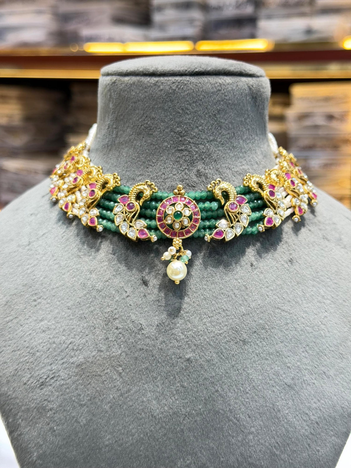 Polki Necklace Emerald Ruby Indian Jewelry Sabyasachi Inspired Peacock Green Choker Gold Bridal Choker