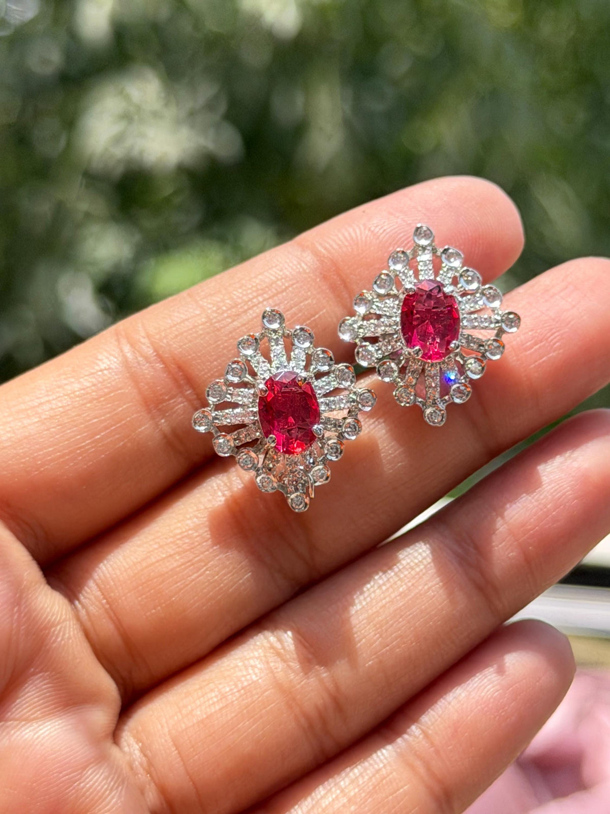 Ruby Diamond Earrings Statement Studs CZ Moissanite Small Red Stone Jewelry Birthday Gift Her
