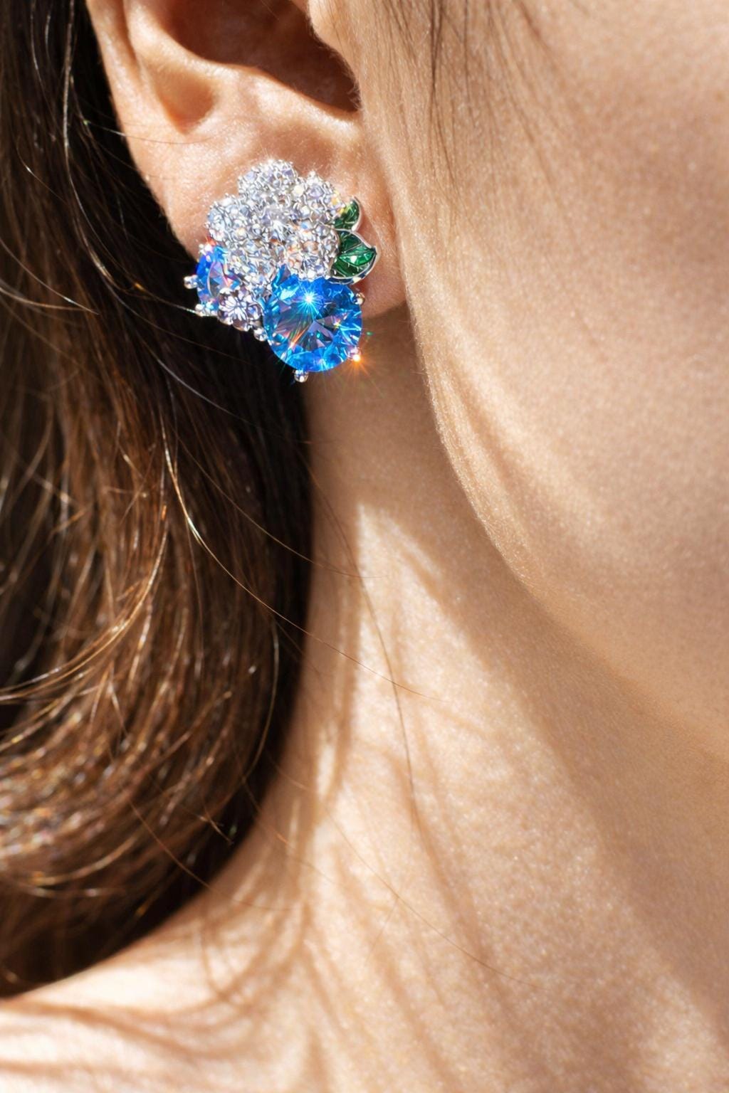 Aquamarine Earrings Small Studs Aqua Blue Stone Jewelry Flower Moissanite Diamond Prom Gift Her