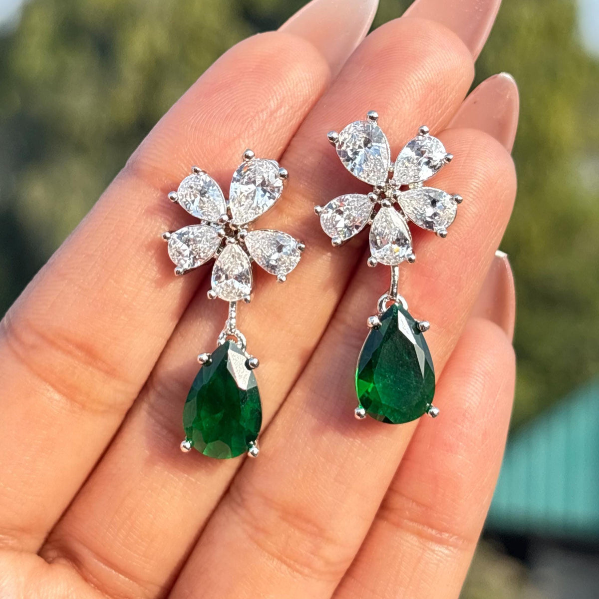 Emerald Earrings Dangle Drop Statement Moissanite CZ Green Diamond Jewelry Bride WEDDING Gift Her