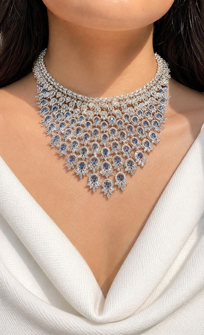 Sapphire Diamond Necklace Statement Indian Cubic Zirconia Blue Stone Jewelry American Diamond Bride Wedding