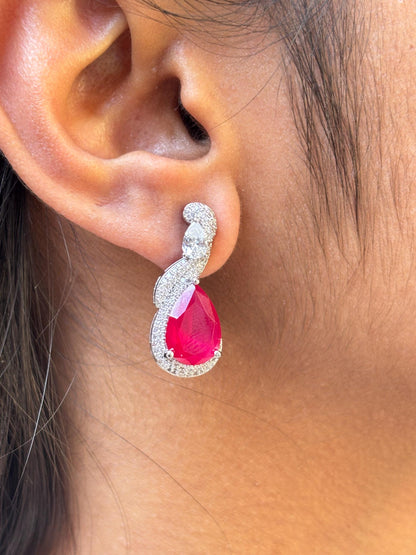 Ruby Diamond Earrings Moissanite Statement CZ Pink Sapphire Cubic Zirconia Dangle Deop Wedding Jewelry