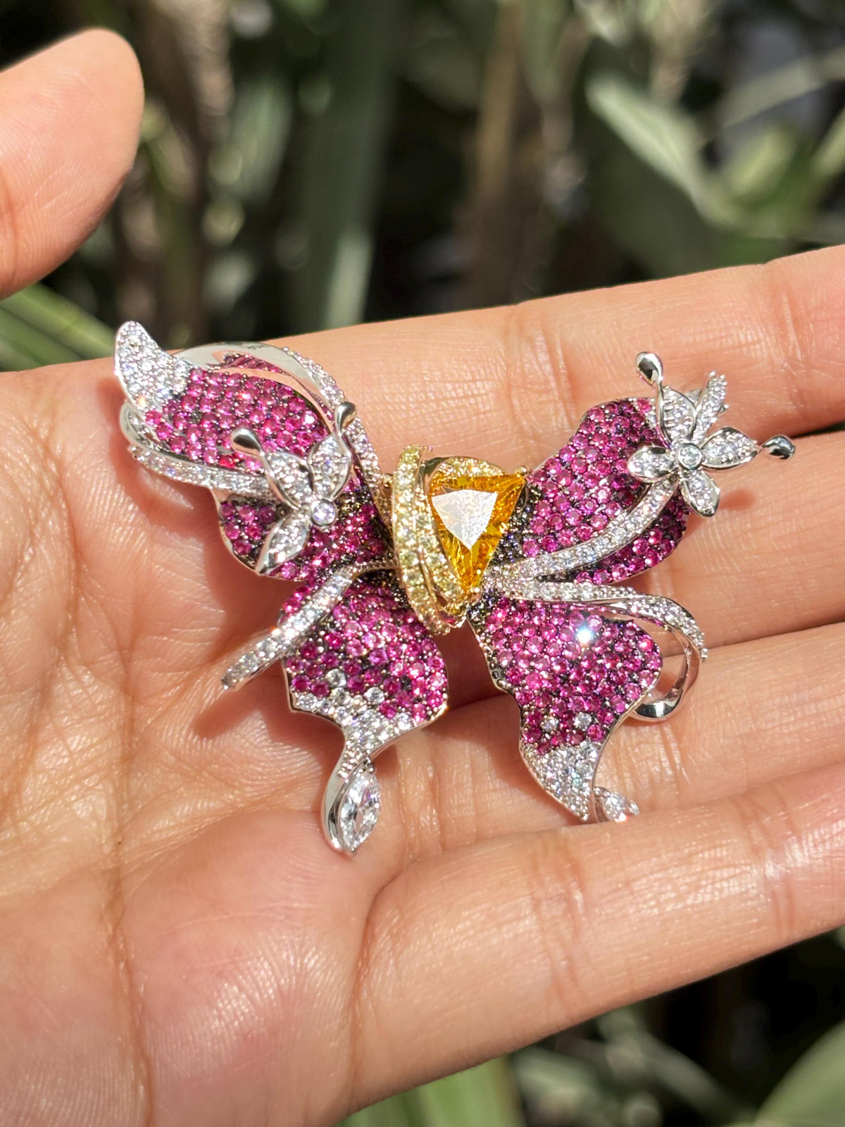 Large Ruby Brooch Butterfly Shape Moissanite Yellow Diamond Pink Sapphire Canary Stone Jewelry Designer