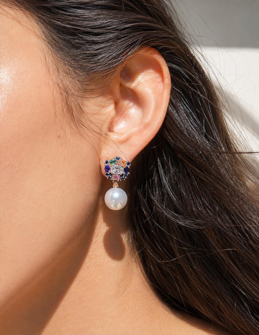 Multicolor Earrings Pearl Drop Statement Mix Stone Jewelry CZ Moissanite Cubic Zirconia Wedding Gift