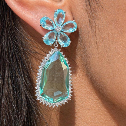 Aquamarine Diamond Earrings Statement Large Flower Shape Long Teal Sapphire Aqua Blue Designer Jewelry