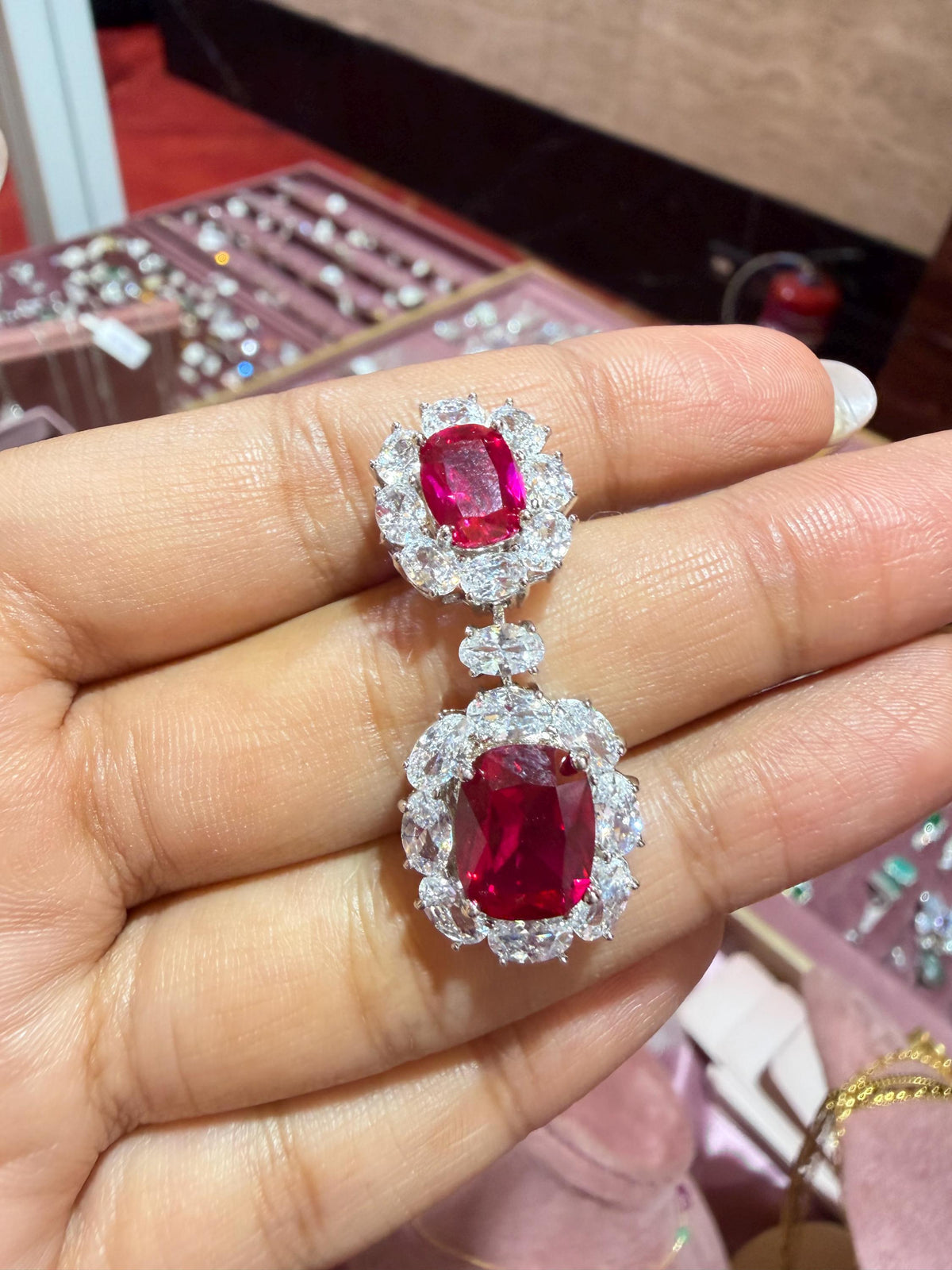 Ruby Diamond Earrings Chandelier Statement CZ Moissanite Red Sapphire Cocktail Party Jewelry Bride Wedding