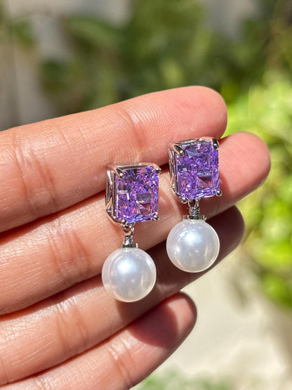 Purple Diamond Earrings Pearl Drop Statement Lavender Purple Sapphire Stone Jewelry Moissanite Designer Gift