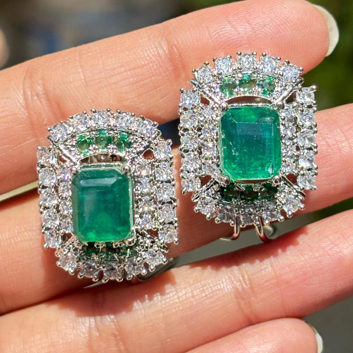 Large Emerald Doublet Earrings Statement Studs Moissanite Diamond Green Paraiba Tourmaline Cubic Zirconia Jewelry