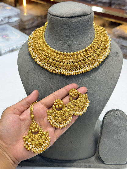 Antique Golden Indian Necklace Gold Plated Pearl Choker South Indian Bridal Jewelry Temple Set