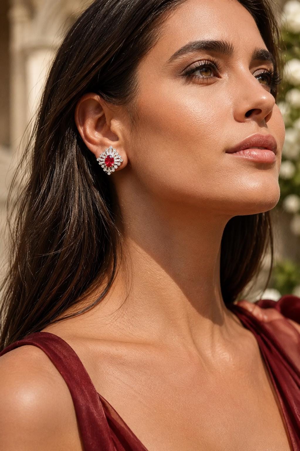 Ruby Diamond Earrings Statement Studs CZ Moissanite Small Red Stone Jewelry Birthday Gift Her