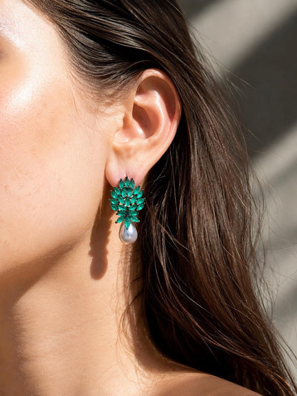 Emerald Diamond Earrings Pearl Drop Statement Green Stone Jewelry Cubic Zirconia Bride Wedding Gift