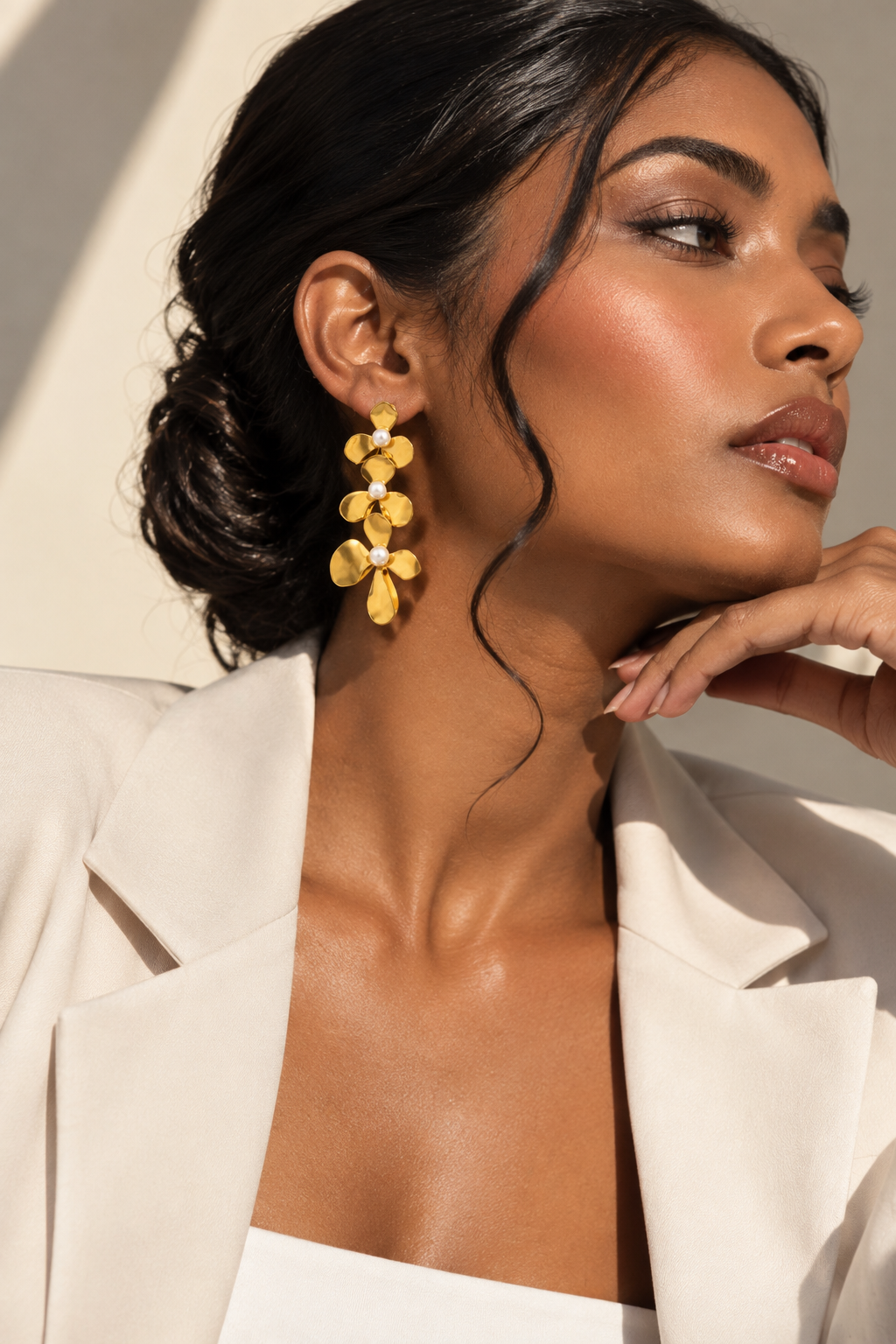 Gold Floral Pearl Drop Earrings - Elegant Statement Earrings for Women