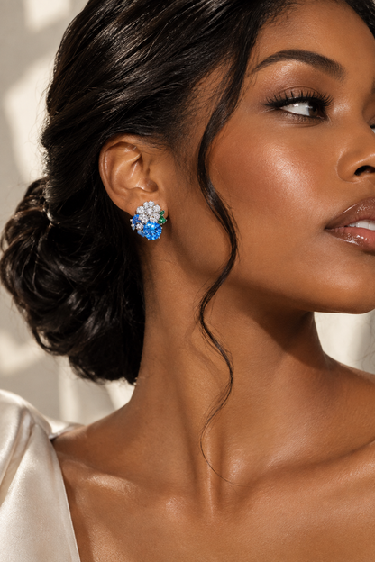 Aquamarine Earrings Small Studs Aqua Blue Stone Jewelry Flower Moissanite Diamond Prom Gift Her